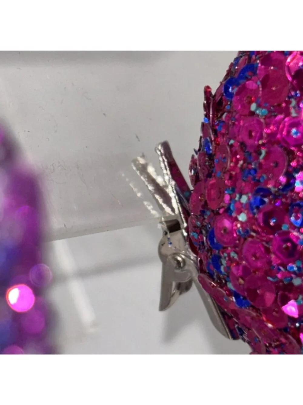 Blue Violet Glitter Peacock 10” Christmas Tree Ornaments Clip On Set Of 2